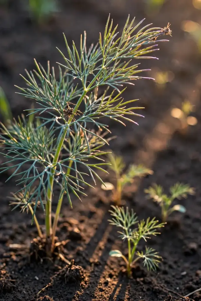 Dill seedlings with feathery fronds at two heights in garden soil