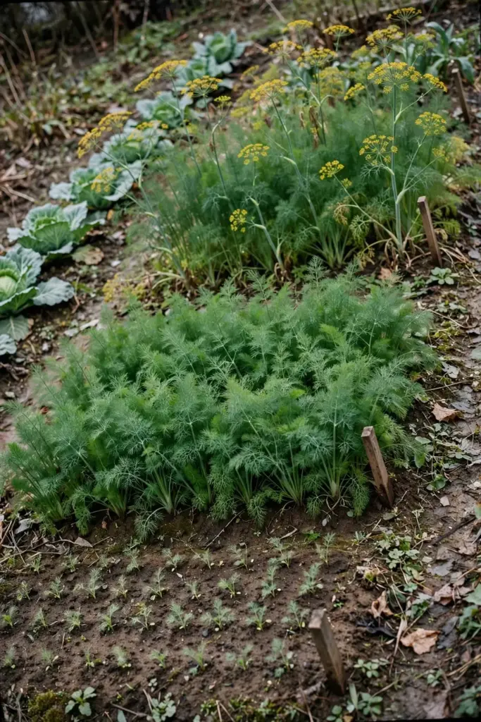 Dill rows at three different growth stages from succession sowing