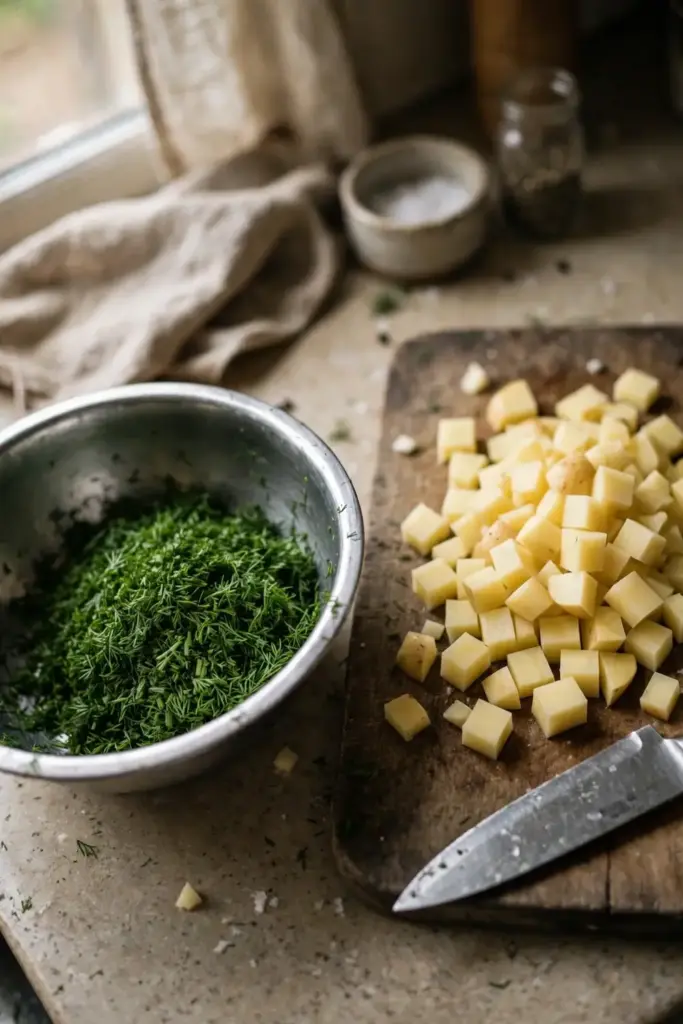 Chopped suva dill with potatoes ready for cooking suva bhaji