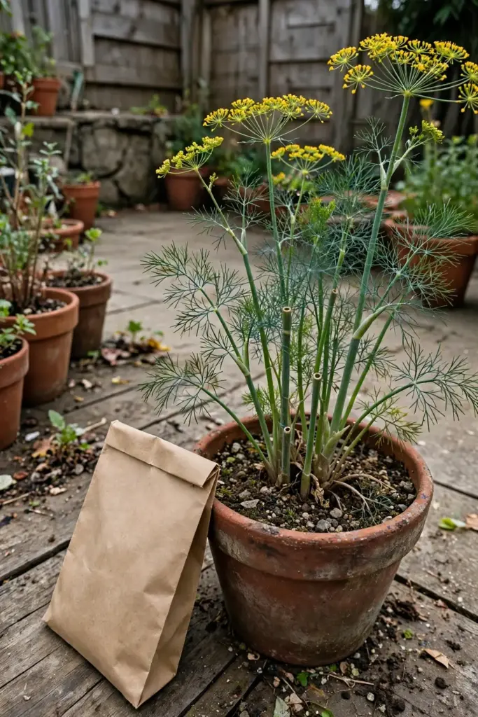 Mature suva dill plant with feathery foliage beside its seed packet