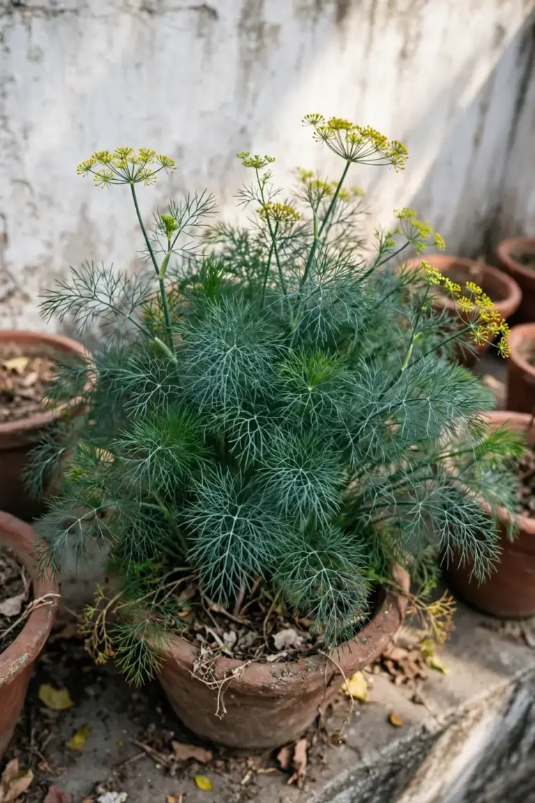 Feathery suva dill plants growing in an Indian winter terrace garden