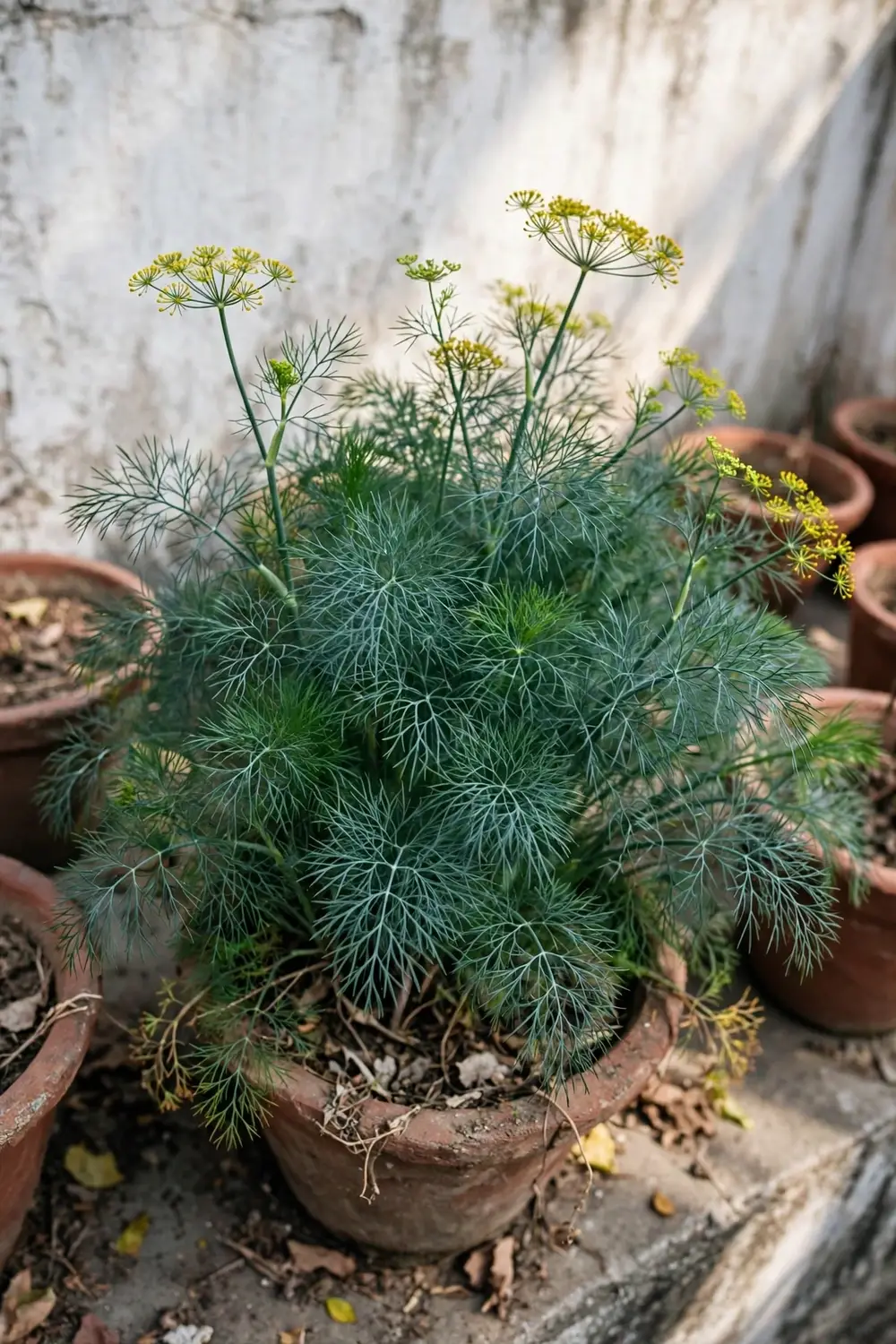 Feathery suva dill plants growing in an Indian winter terrace garden