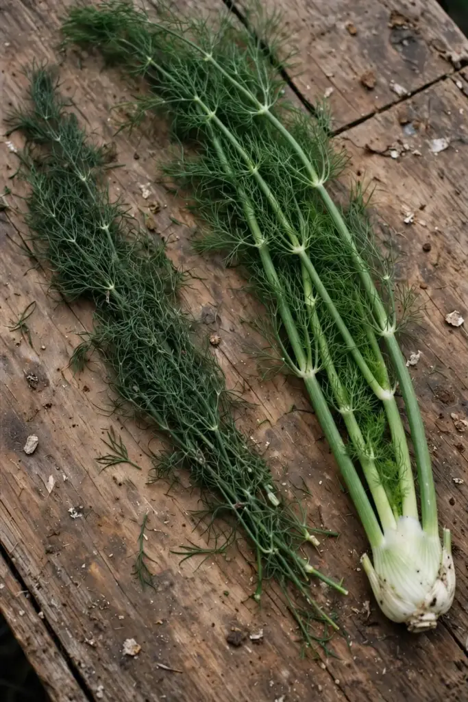 Dill fronds laid beside fennel fronds showing the visual difference
