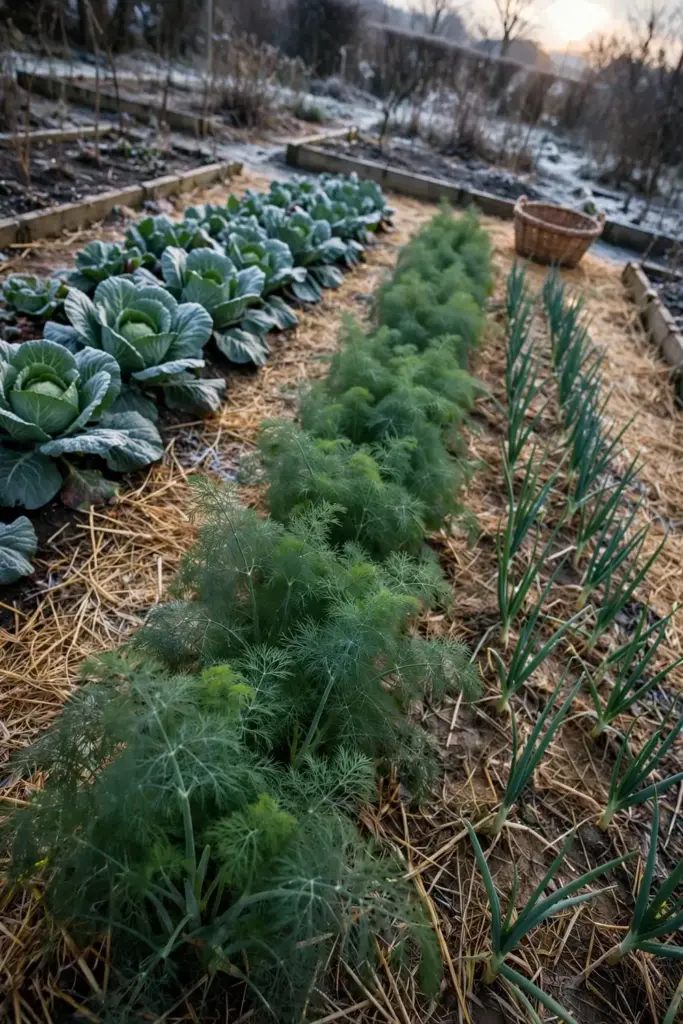 Winter kitchen garden with dill rows ready for the season