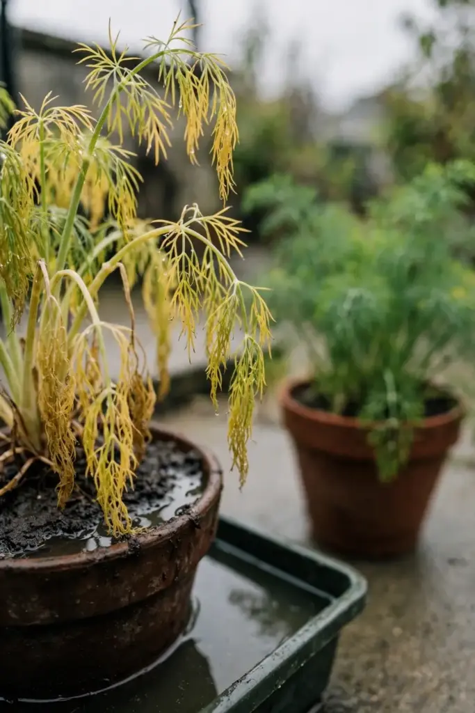 Yellowing dill in a waterlogged pot showing overwatering stress