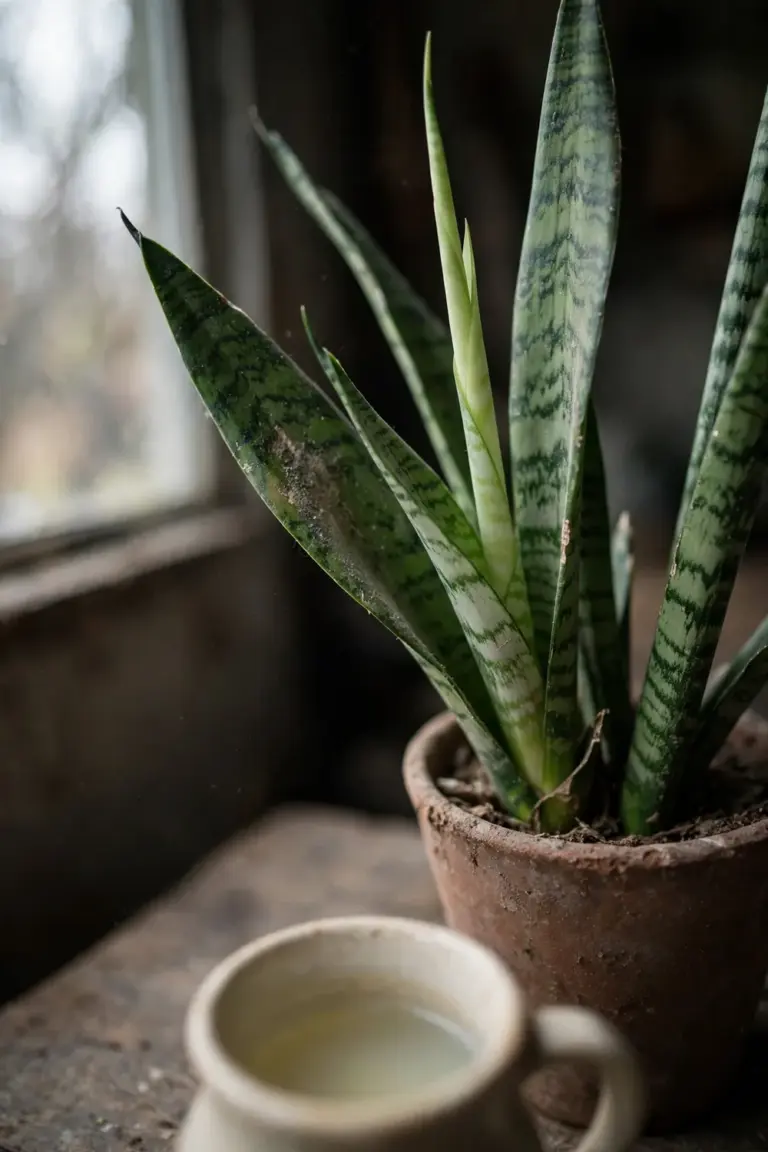 Small jug of diluted liquid feed beside a snake plant in spring light