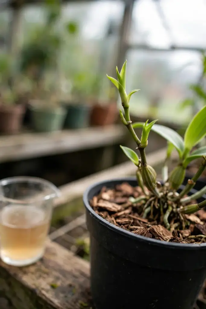 Diluted liquid fertilizer in a measuring cup beside a vanilla orchid