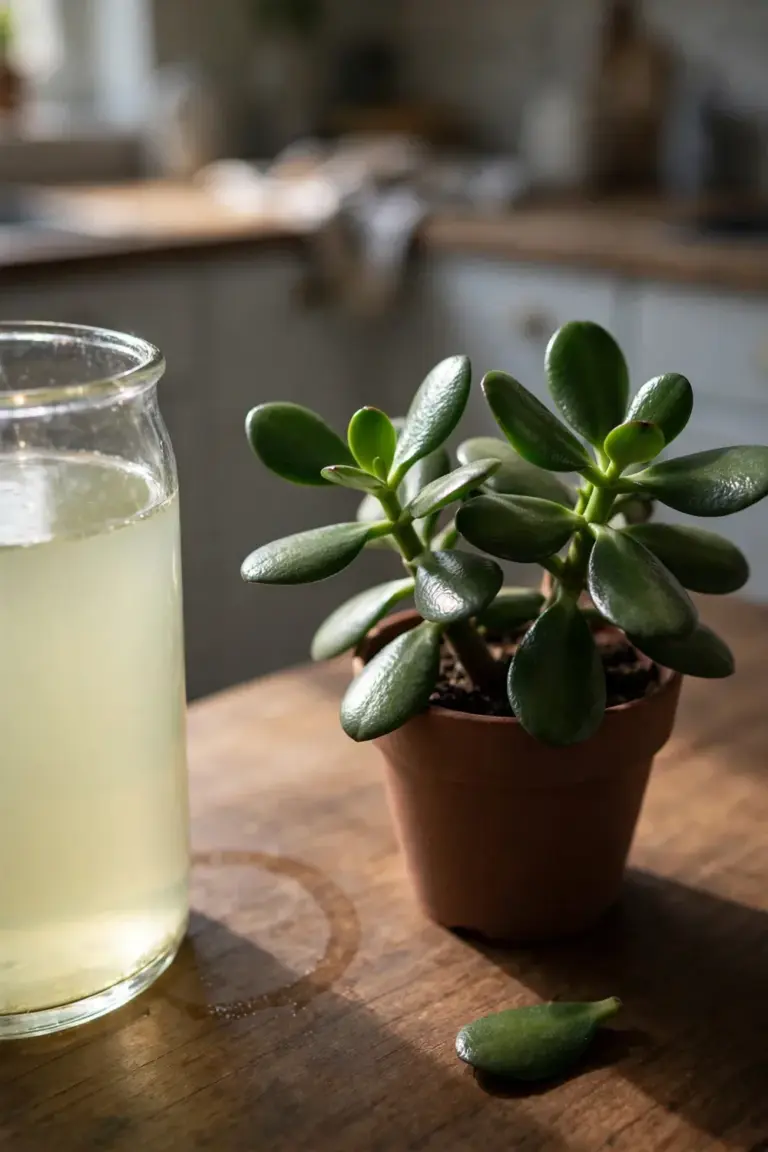 Small glass of diluted liquid fertilizer beside a potted succulent