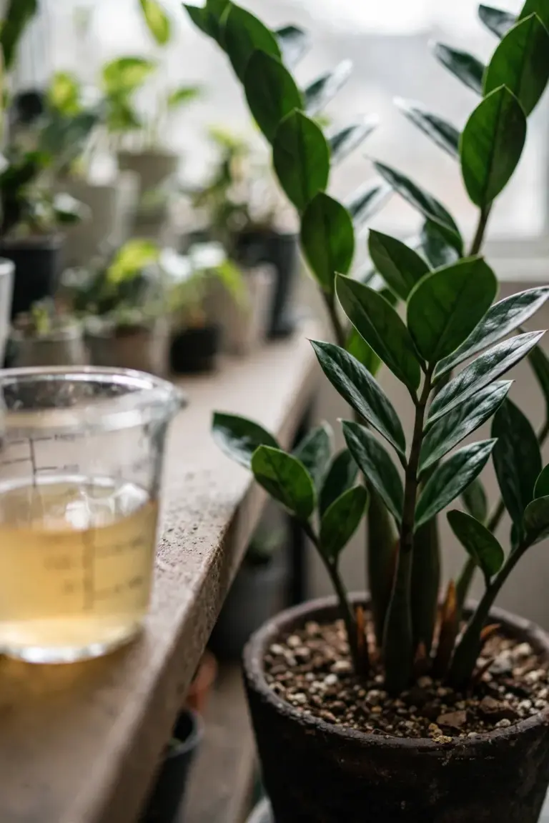 Glass measuring cup of diluted liquid fertilizer beside a potted ZZ plant