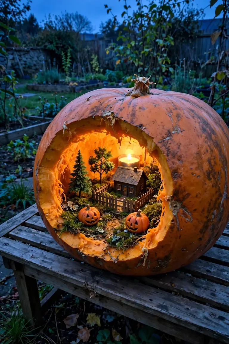 Large hollow pumpkin holding a tiny diorama scene with a miniature house, small trees and a tea light inside