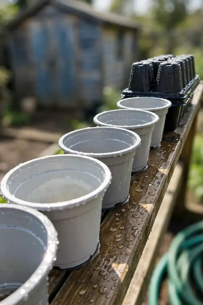 Row of clean disinfected empty pots and trays drying in sunlight.