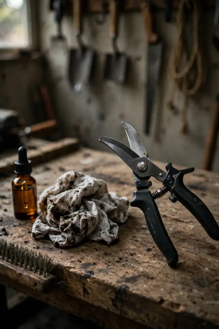 Secateur blades with a cleaning cloth and oil bottle on a workbench