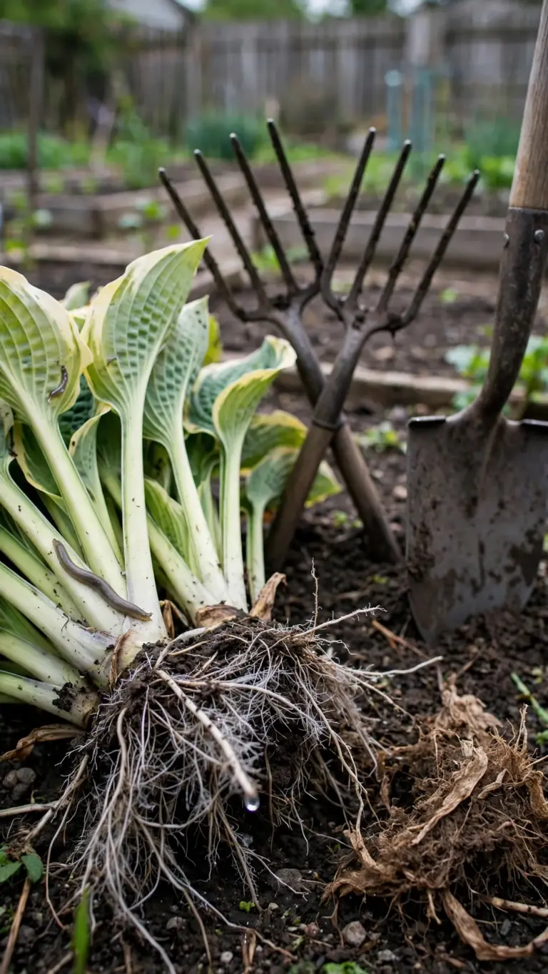 Divided hosta clumps with roots and the discarded tired center