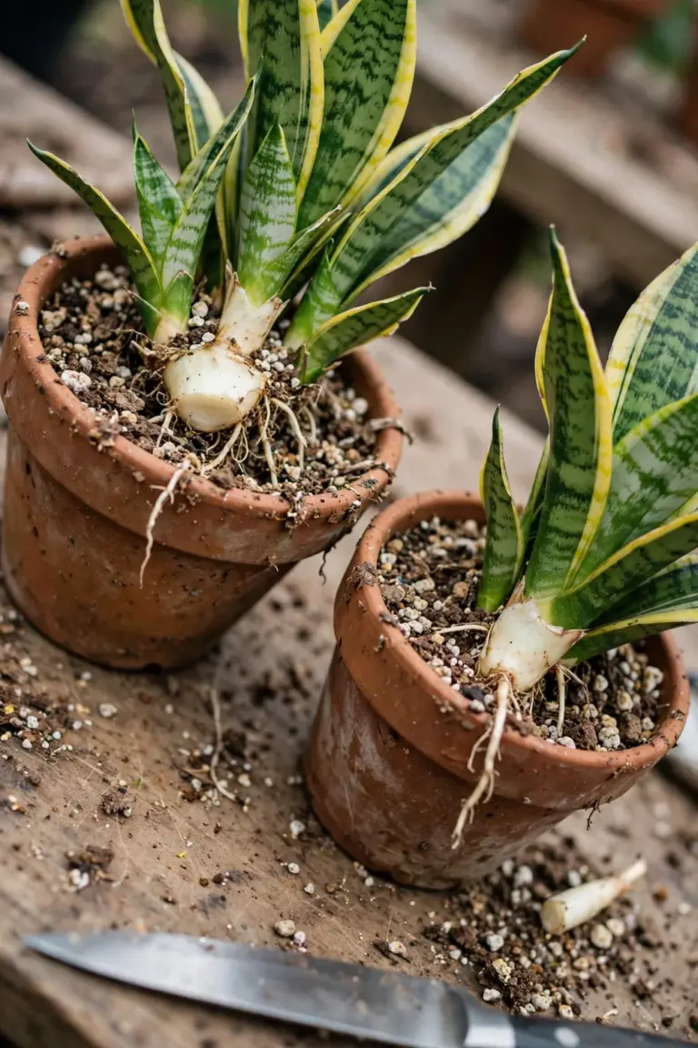 Two divided snake plant clumps with cut rhizomes in separate terracotta pots