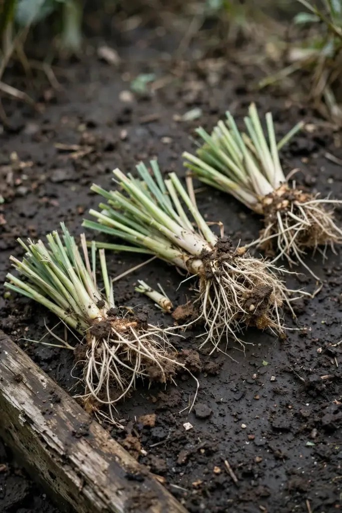 Divided lemongrass clump sections with roots spread on dark soil