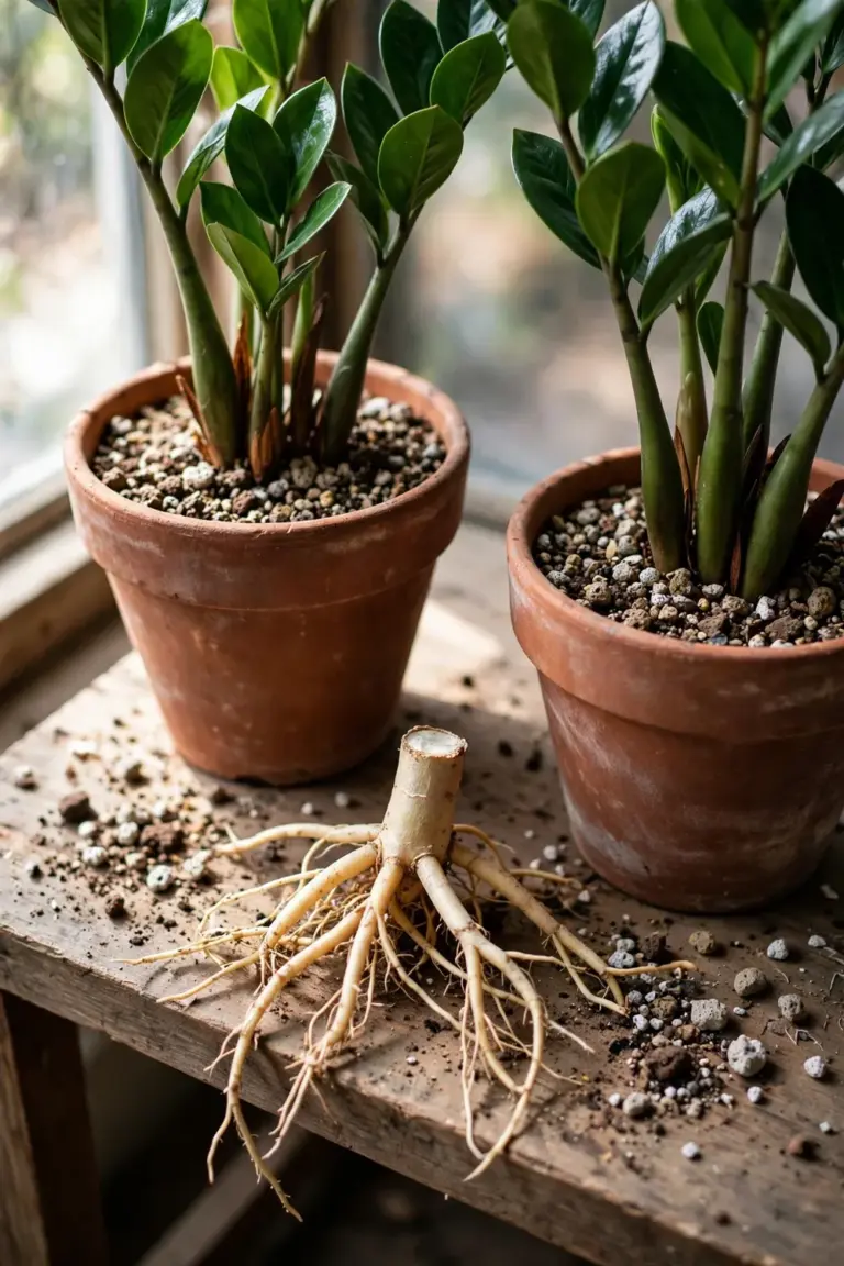 Two pots of divided ZZ plants with a separated rhizome cluster on a potting bench