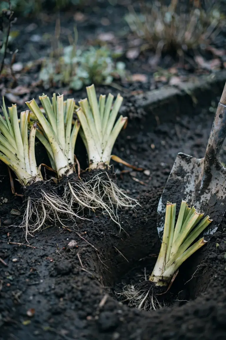 Freshly divided daylily clumps with exposed roots and soil crumbs on dark autumn earth, spade at the frame edge