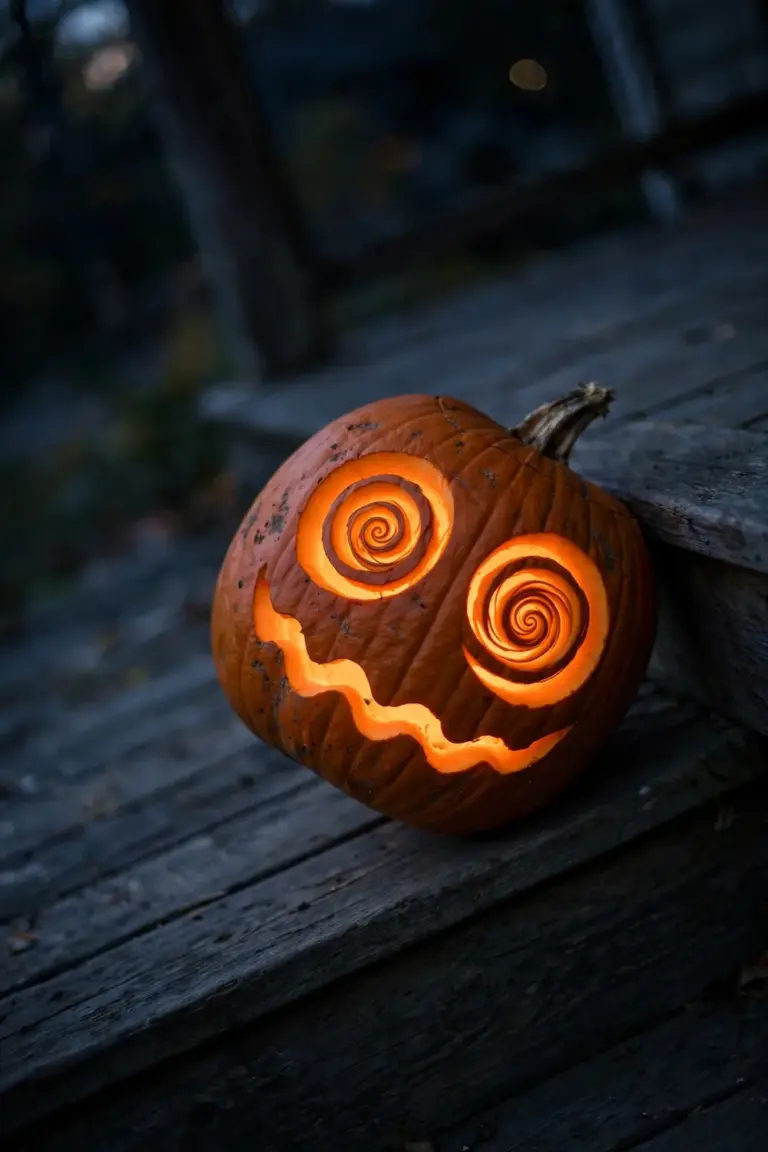 Dizzy carved pumpkin with two glowing spiral eyes and a wavy mouth, leaning slightly on its base