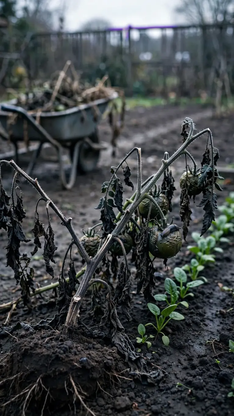 Frost-blackened tomato plant pulled and laid at the bed end