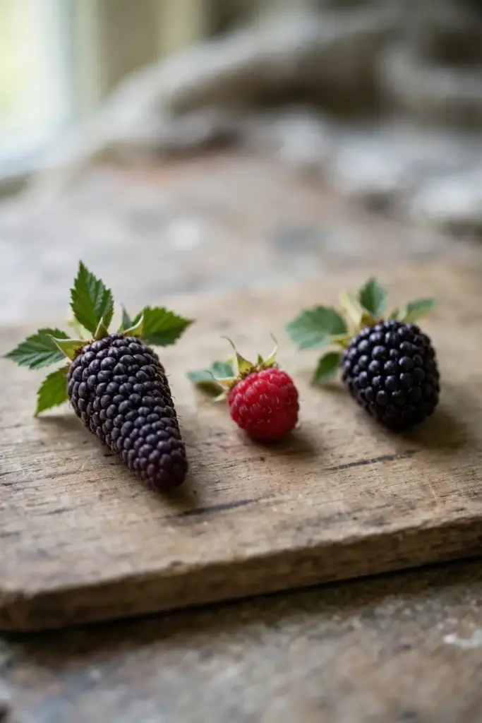 Tayberry, raspberry, and boysenberry side by side for size comparison