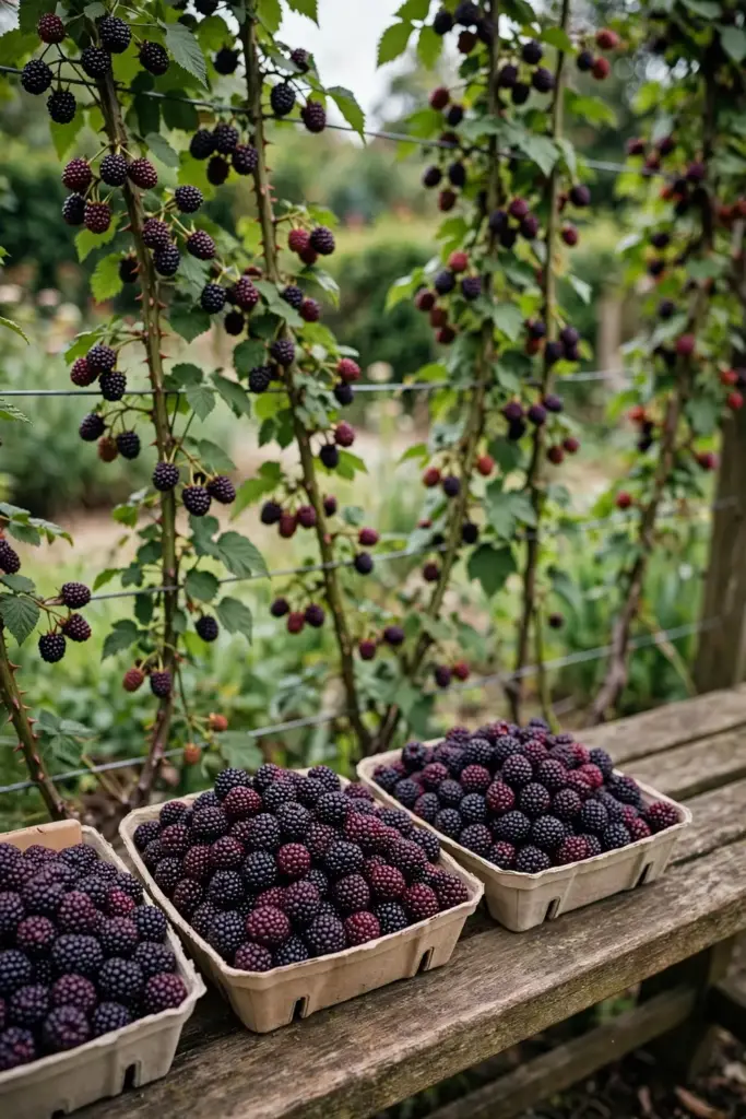Sunlit tayberry row at harvest with punnets of picked berries on a bench