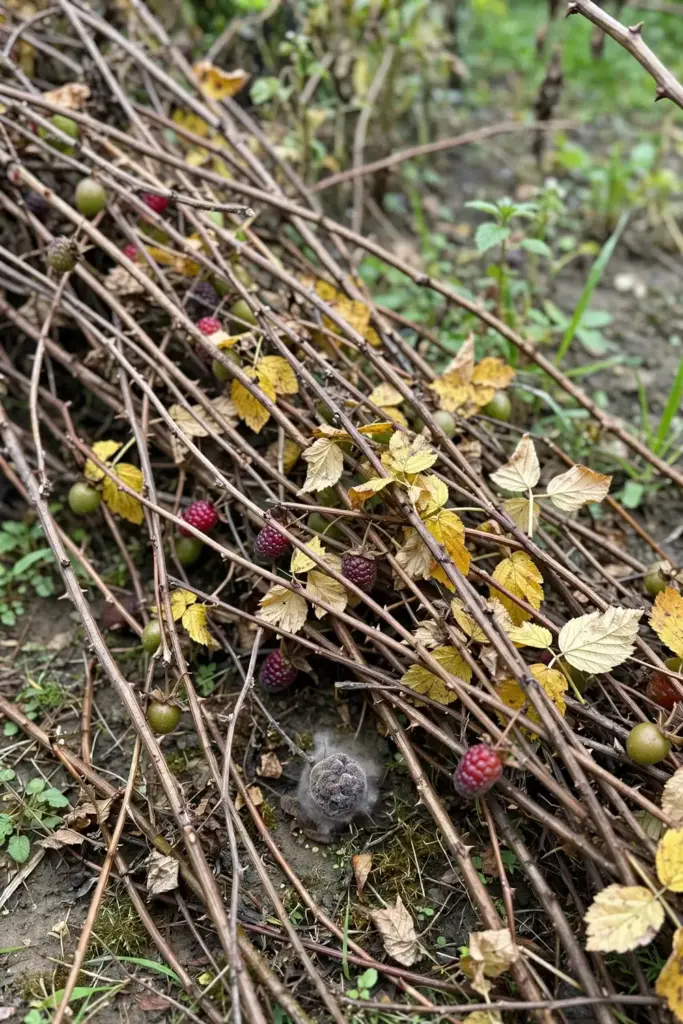 Tangled unsupported tayberry canes illustrating the classic beginner mistake