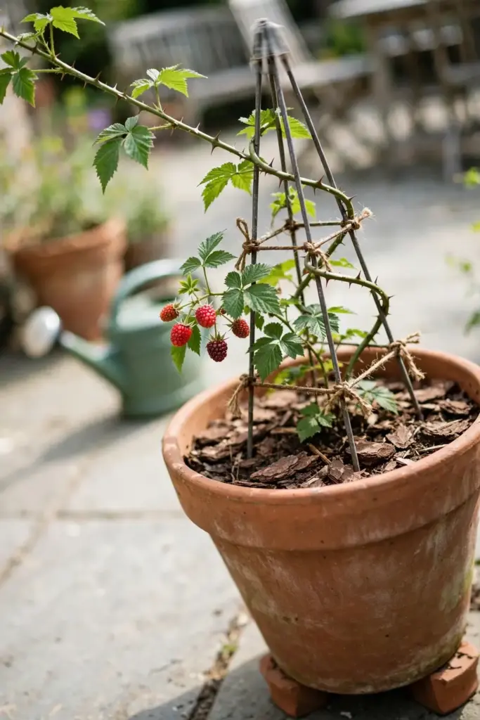 Tayberry growing in a large container with a small obelisk for support