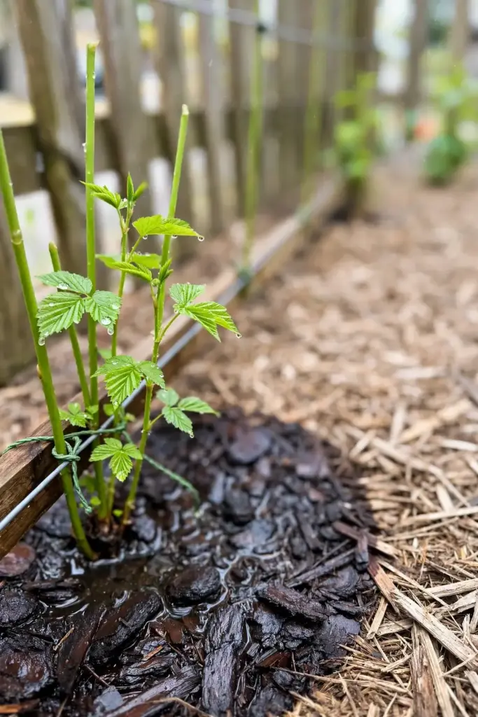 Water soaking into mulch around a young tayberry plant in its first summer