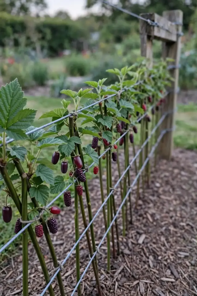 Healthy tayberry canes on wires with a question-mark-free clean garden scene
