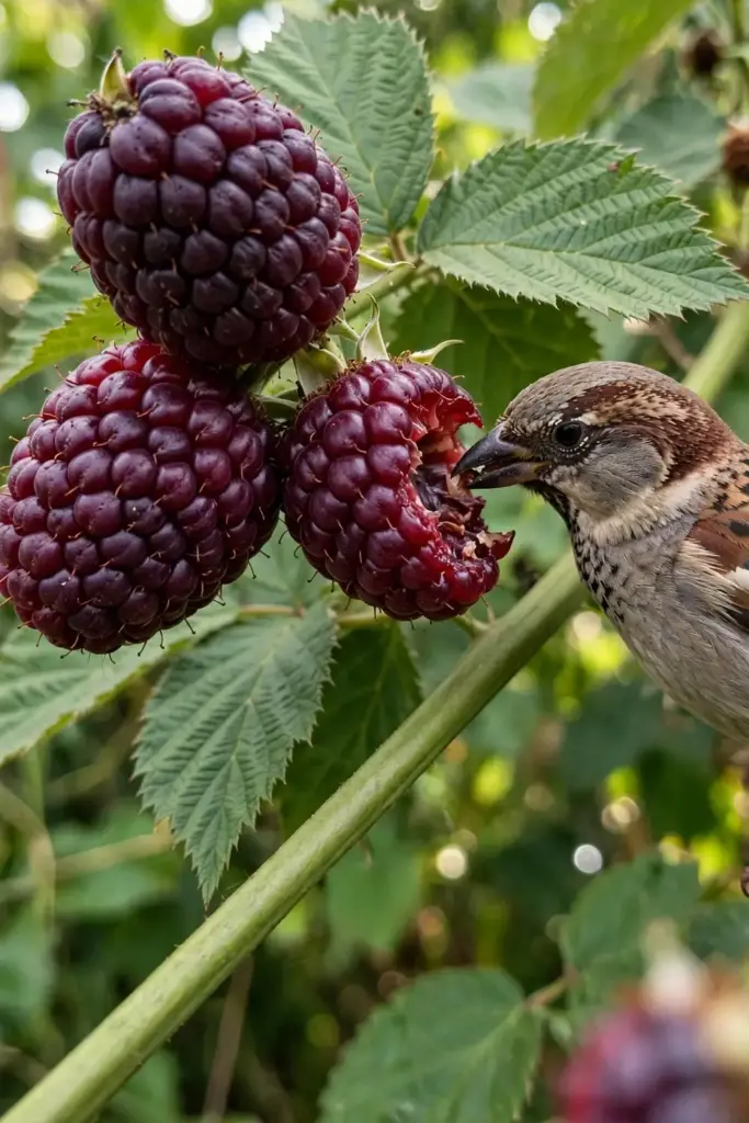 Close-up of tayberry fruit showing large cone-shaped dark red berries on the cane