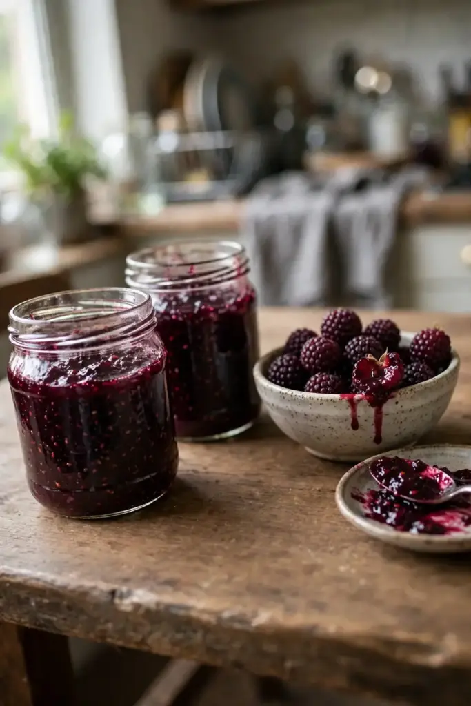Tayberry jam in open jars and fresh berries on a kitchen table
