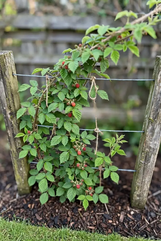 Mature tayberry plant trained on wires with arching canes and ripening berries