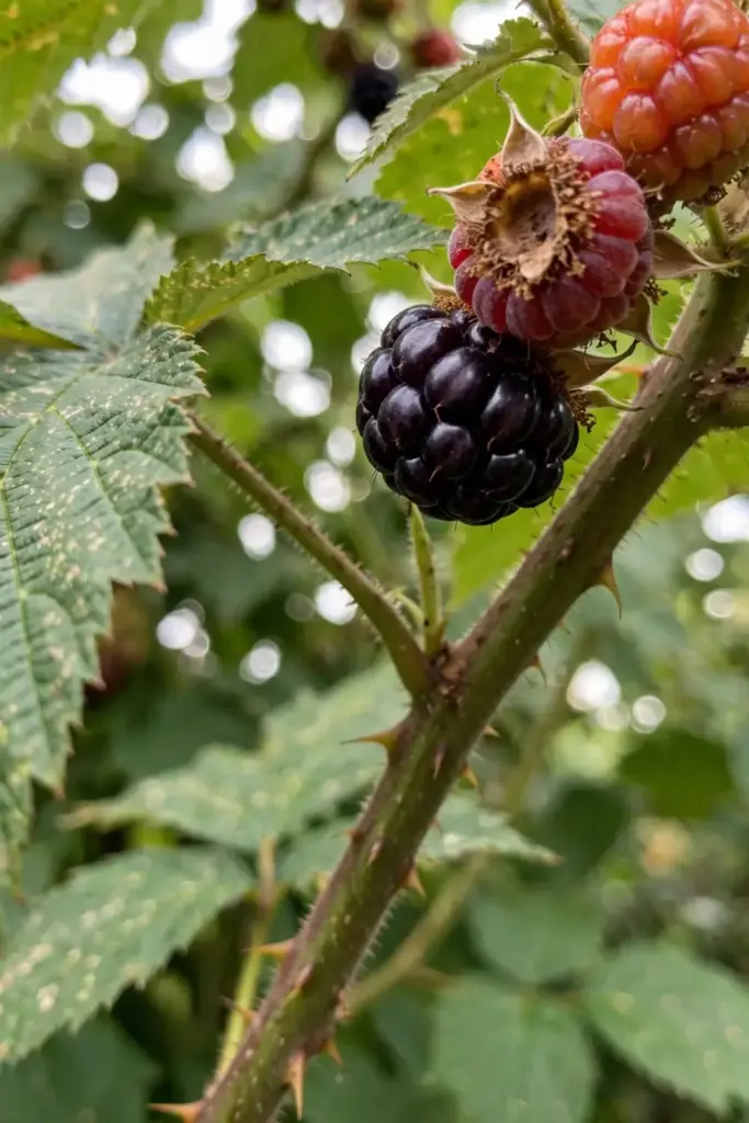 Close inspection of tayberry fruit and leaves for raspberry beetle damage