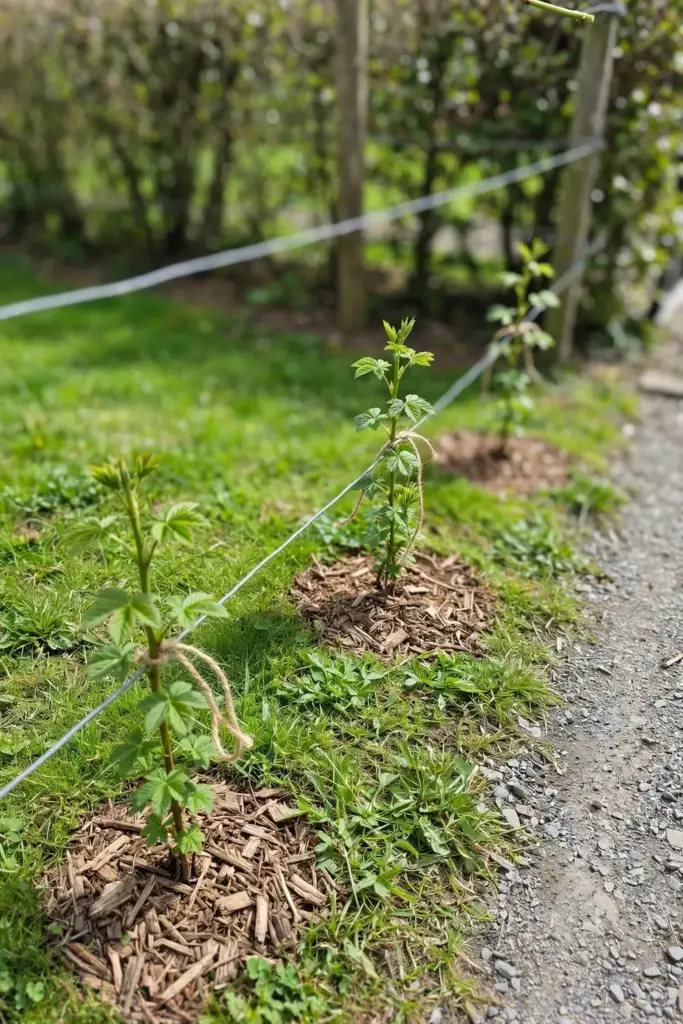 Row of young tayberry plants spaced along a wire trellis with clear gaps