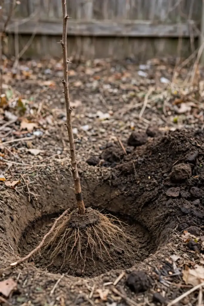 Bare-root tayberry cane being planted in a wide hole with compost