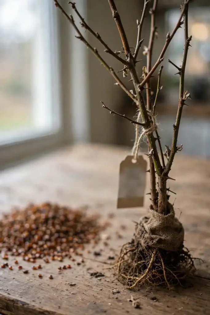 Tayberry seeds in a palm next to a labeled bare-root cane showing the right choice