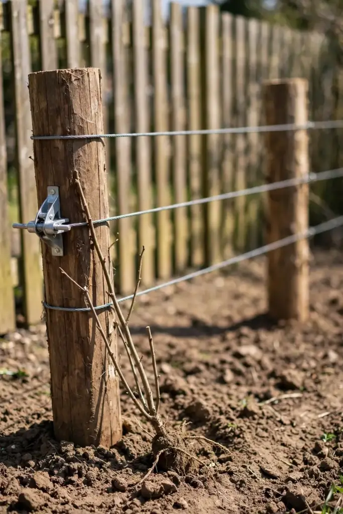 Newly built tayberry trellis with sturdy posts and three horizontal wires