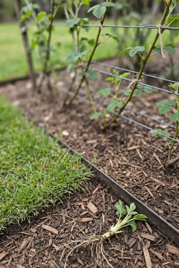 Root barrier edging around a tayberry bed with a sucker being removed