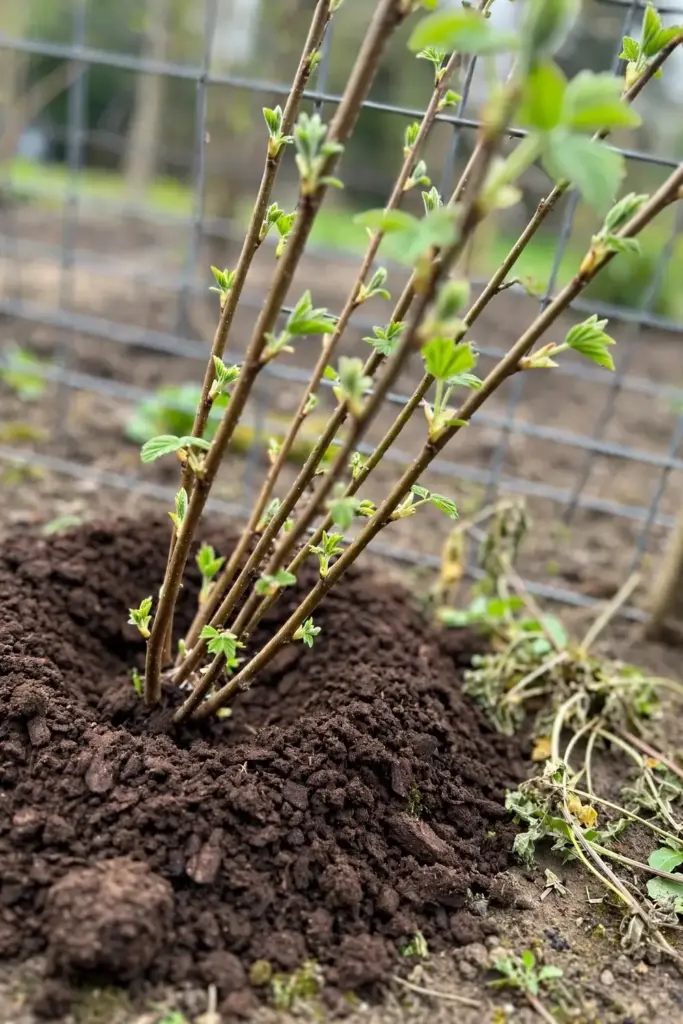 Compost mulch spread around the base of a tayberry plant in spring