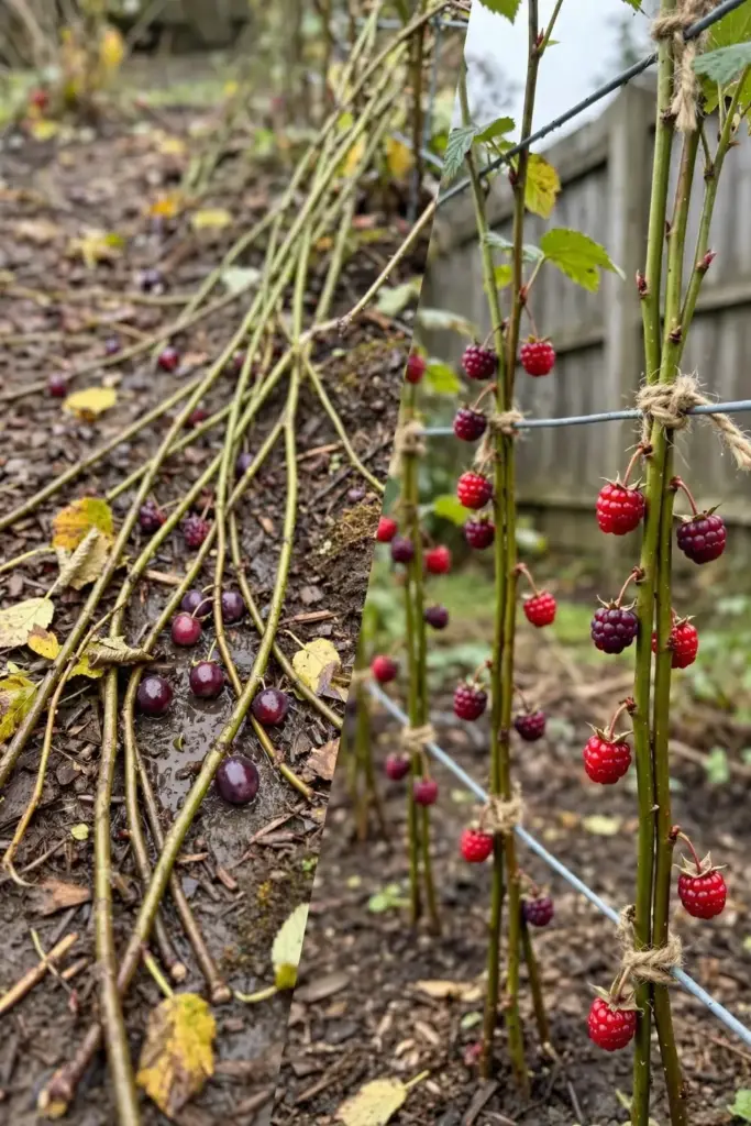 Tayberry canes drooping to the ground beside canes tied neatly to a trellis