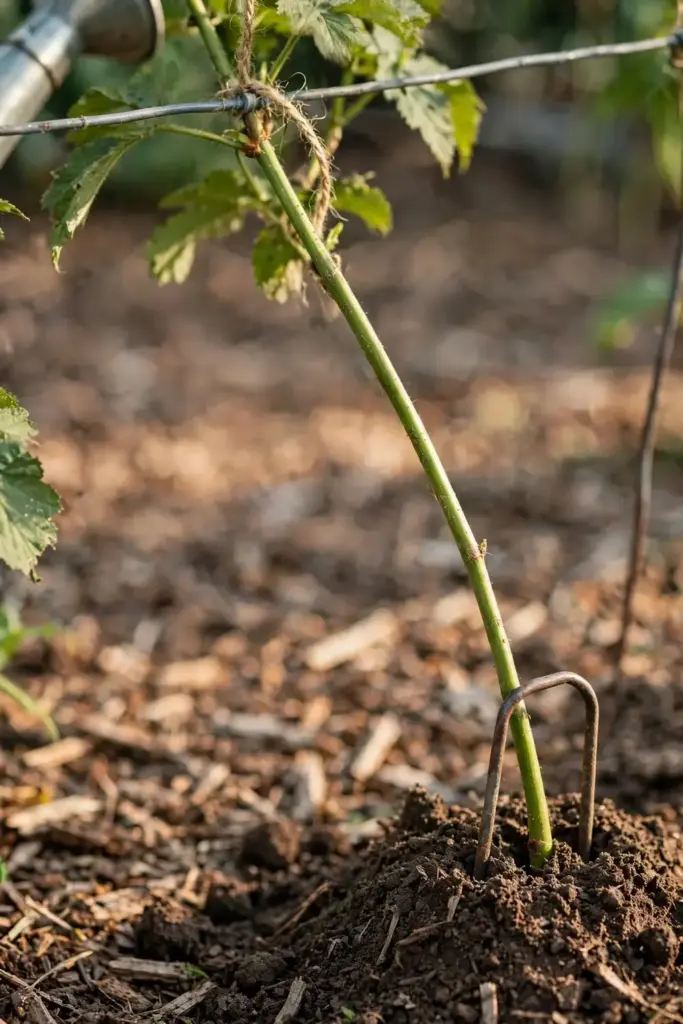 Tayberry cane tip bent to the ground and pegged for tip layering