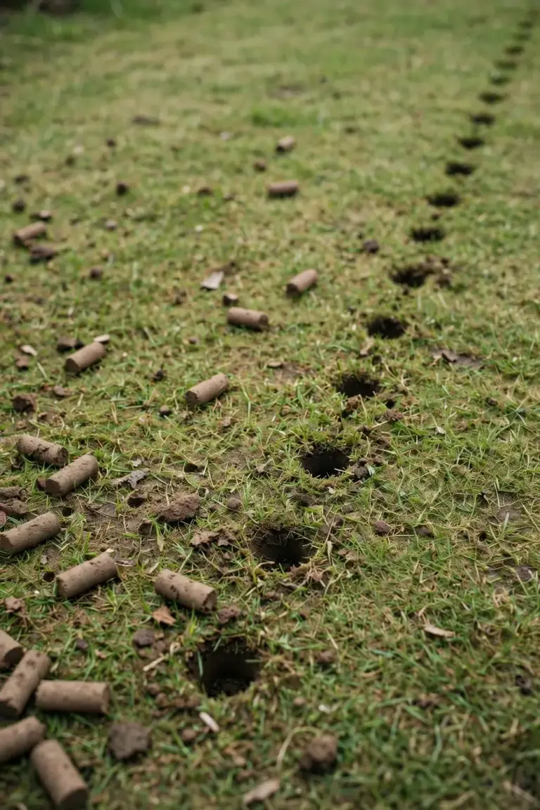 Lawn dotted with soil plugs and fresh aeration holes after coring