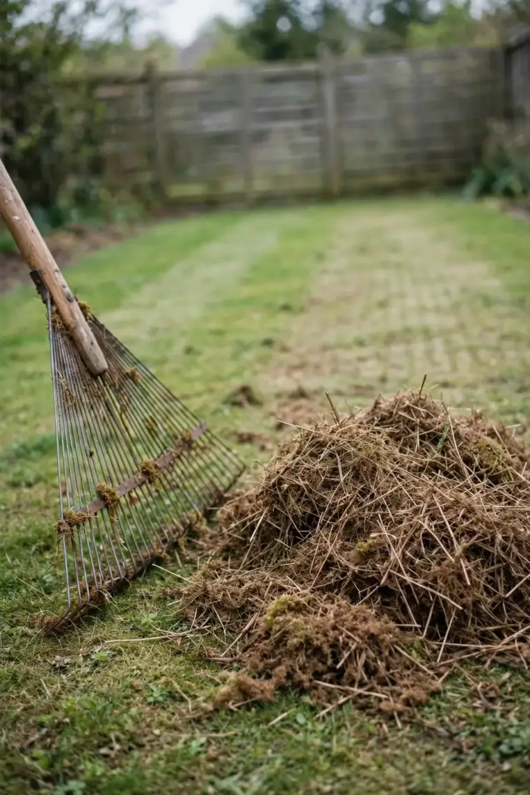 Dethatching rake beside a pile of raked-out brown thatch on the lawn