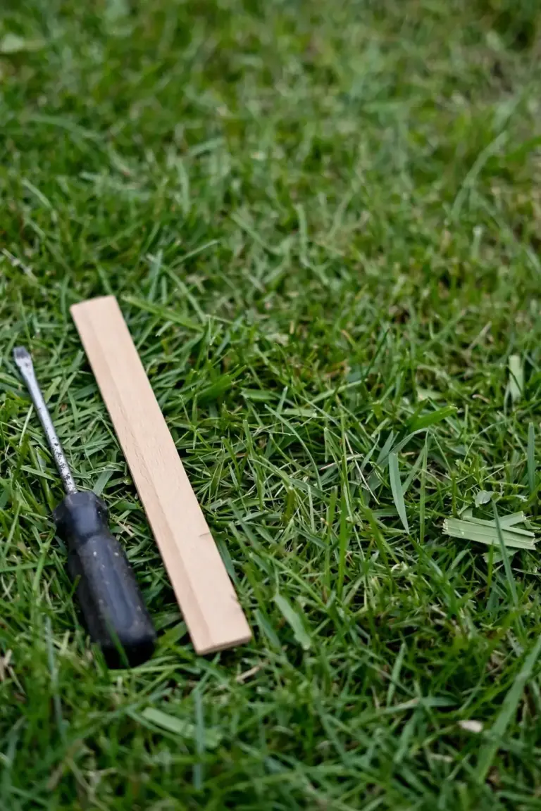Healthy lawn with a screwdriver and ruler resting on the grass for a recheck