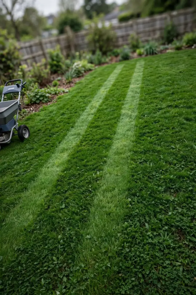 Dense green lawn with fresh mowing stripes and a spreader in the background