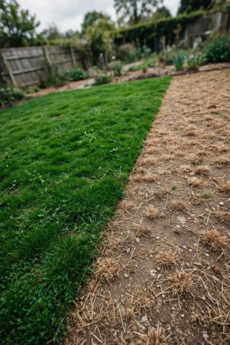 Lawn split between a healthy green half and a thin brown half