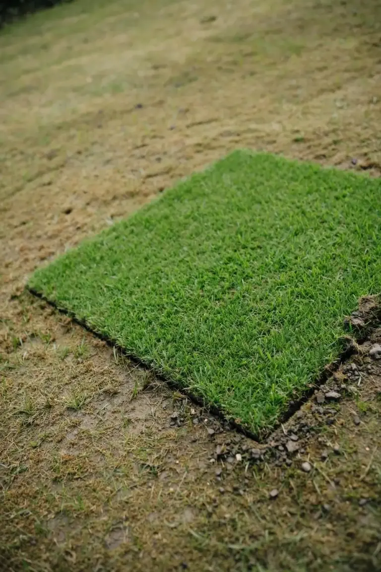 Fresh turf patch fitted into a bare square of lawn with a visible seam