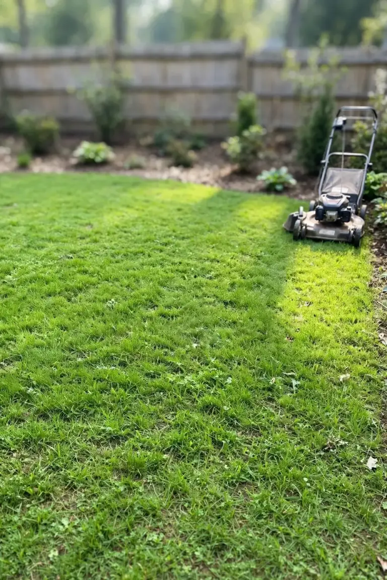Renovated lawn six weeks on with even new cover and a mower at the edge
