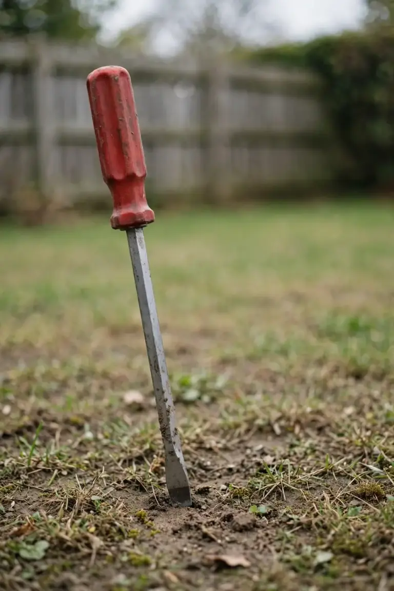 Long screwdriver standing in lawn soil with only part of its shaft buried