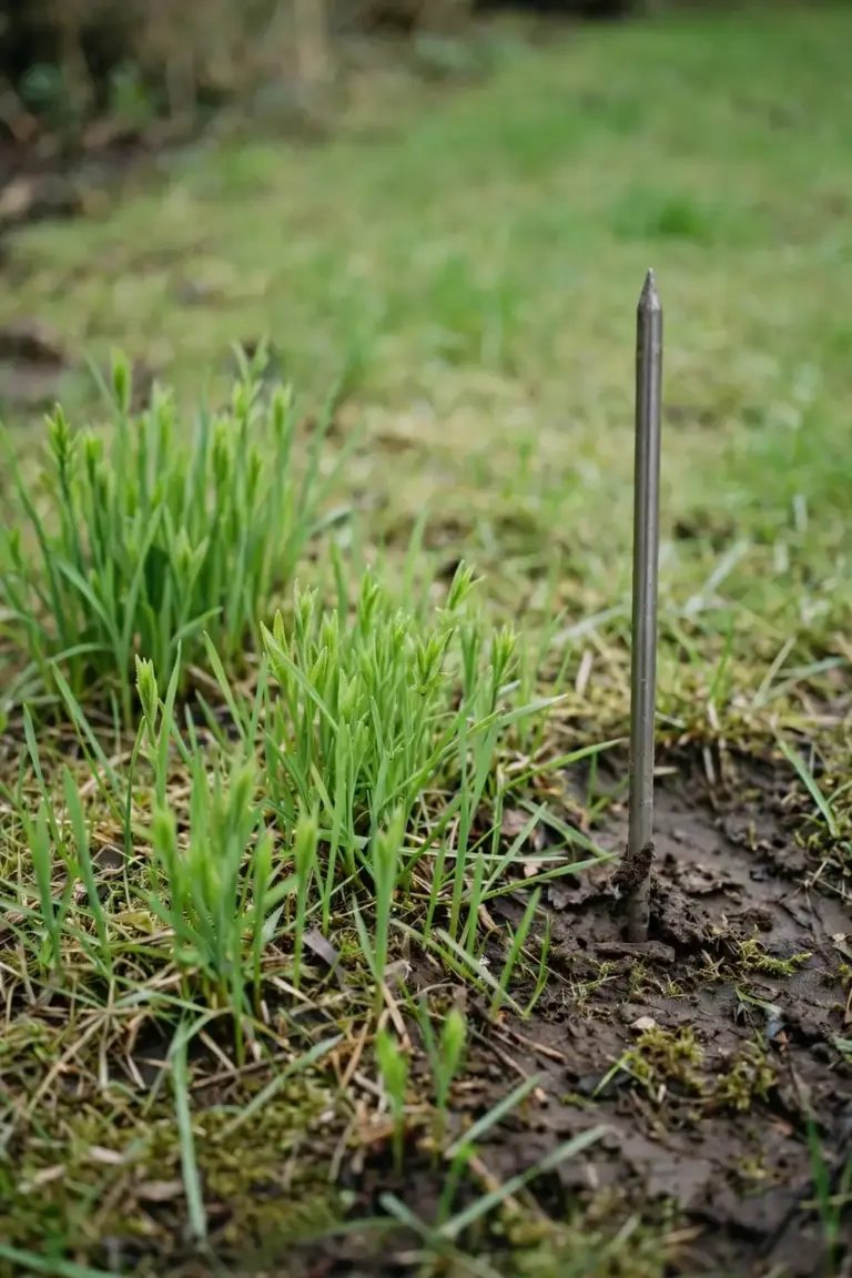 Lawn in spring growth with fresh green shoots beside a soil probe